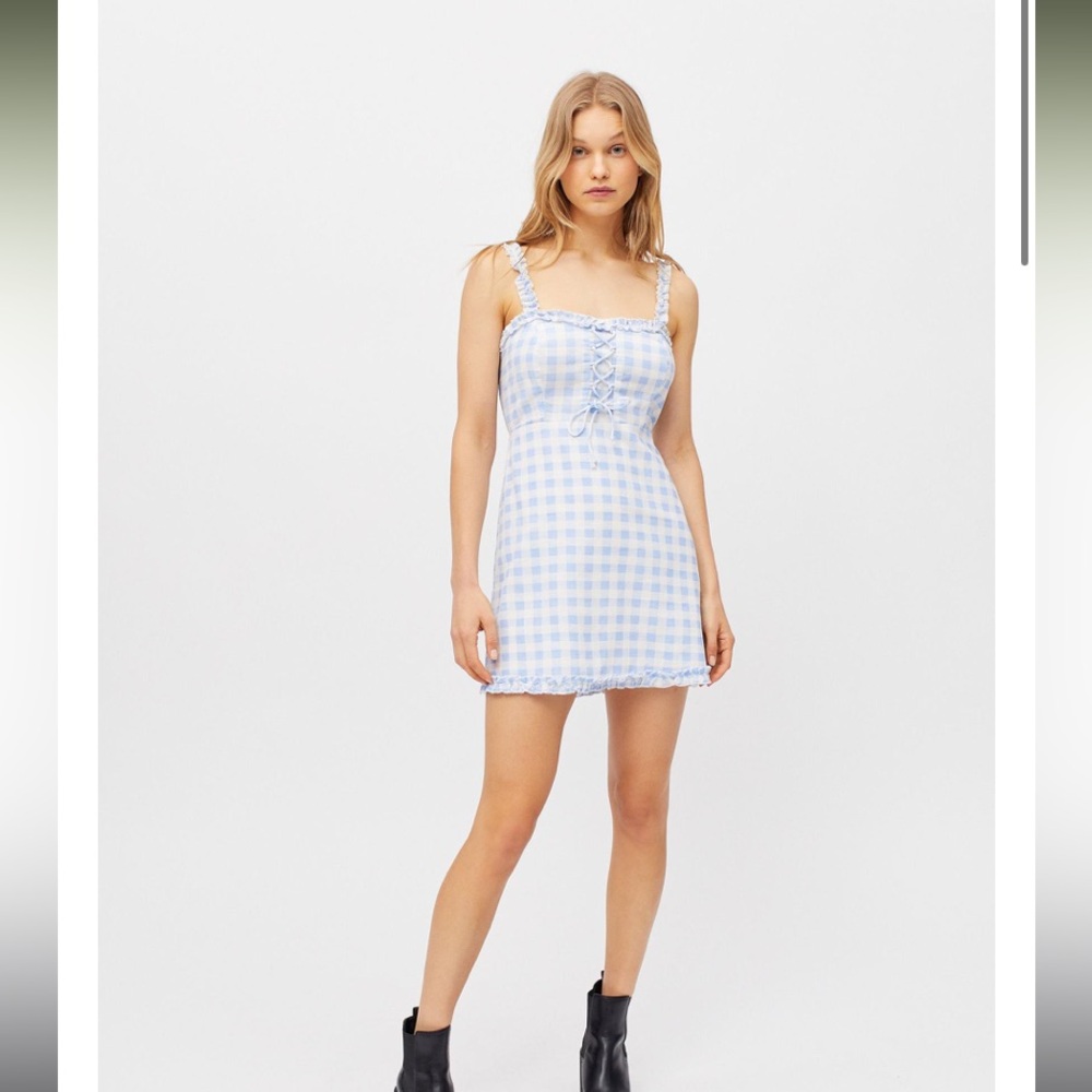 Urban Outfitters Blue Gingham Mini Dress Lace Up Ruffle Robin Cotton Medium
